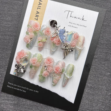 Qfdian Sweet Floral Press On Nails Pink Rose Butterfly Fake Nails For Women Elegant Pearl Rhinestone Party Nails Glamorous Reusable